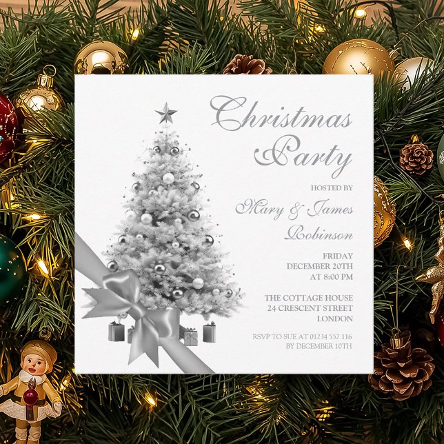 Convite Festa Elegante de Árvore de Natal e Arco (Elegant Silver Christmas Tree & Bow Holiday Party Invitation)