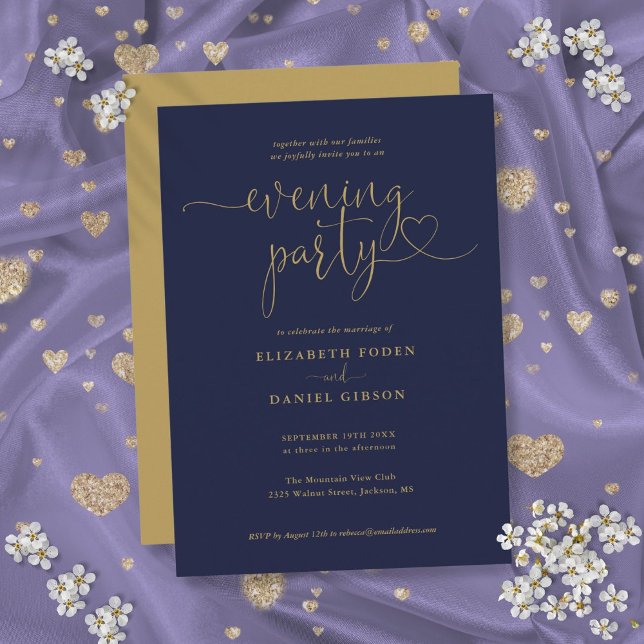 Convite Festa Elegante De Casamento De Marinhos E Escritos (Elegant Navy And Gold Script Wedding Evening Party Invitation)
