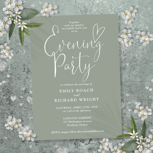 Convite Festa Elegante de Casamento Verde Sage da Noite (Elegant Script Sage Green Wedding Evening Party Invitation)
