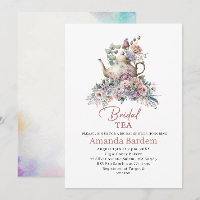 Convite Festa Elegante de chá de aquarela, menina cor-de-r (Frente/Verso)