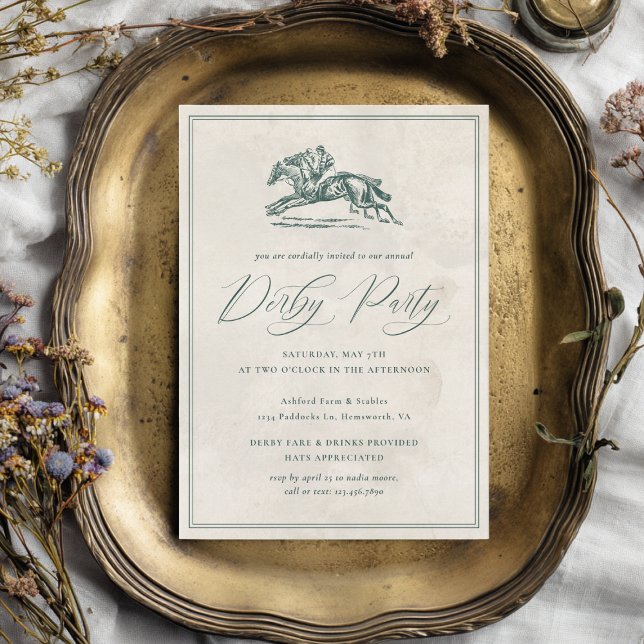 Convite Festa Elegante de Derby de Cavalos de Corrida Anti (Elegant derby party invitation with a vintage race horses illustration and calligraphy)