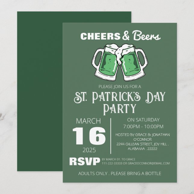 Convite Festa Elegante de Dia de São Patrício com Trevo Ve (Frente/Verso)