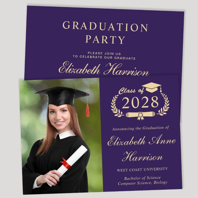Convite Festa Elegante de Formandos Roxo (An elegant college graduation party invitation to celebrate the graduate's achievements)