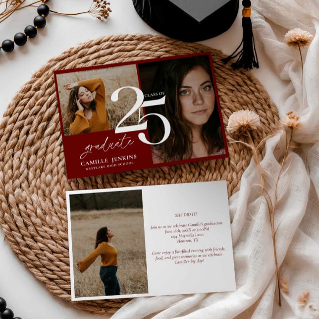 Convite Festa Elegante de Graduação Burgundy Classe 2025 (Burgundy Graduation Photo Card)