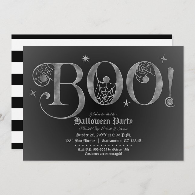 Convite Festa Elegante de Halloween de Silver e Black BOO (Frente/Verso)