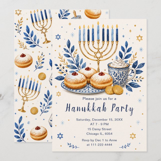 Convite Festa Elegante de Hanukkah (Frente/Verso)