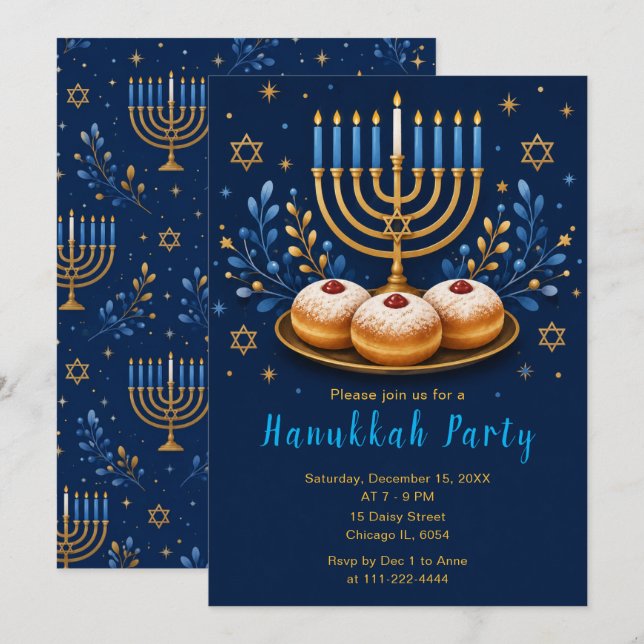 Convite Festa Elegante de Hanukkah (Frente/Verso)