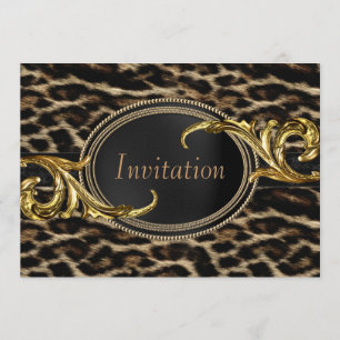 Convite Festa Elegante de Leopardo Preto e Dourado