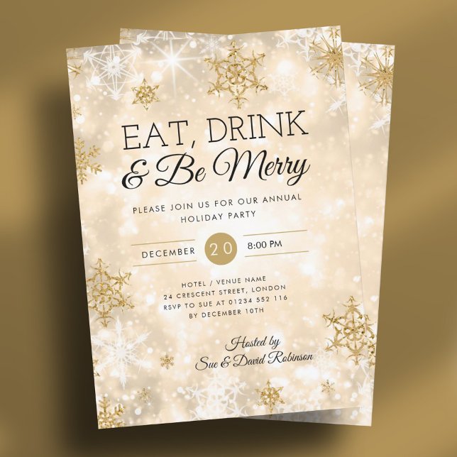 Convite Festa Elegante de Natal de Férias Douradas "Coma e (Elegant "Eat & Drink" Gold Holiday Christmas Party Invitation)