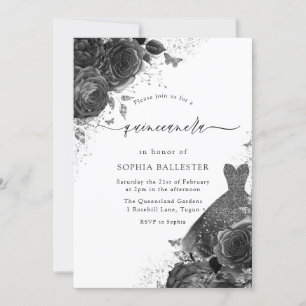 Convite Festa Elegante de Quinceanera Preta e Branca