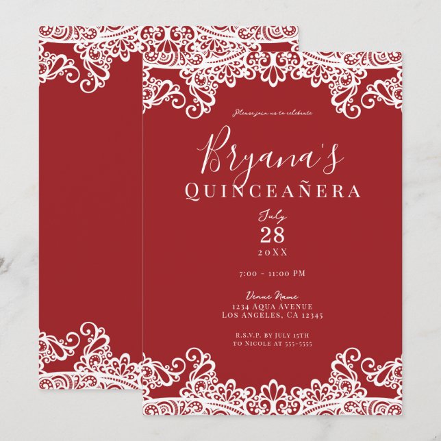 Convite Festa Elegante de Quinceñera, Lace Vermelho e Bran (Frente/Verso)