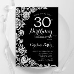 Convite Festa Elegante de Rosa de Prata Negra<br><div class="desc">Convite de festas floral de prata preta. Design elegante com rosas,  folha de falso prata e letra de script de tipografia. A Trendy convida o cartão perfeito para uma festa de na moda. Pode ser personalizado para qualquer idade. Impressos convites Zazzle ou modelo de impressão digital instantânea para download.</div>