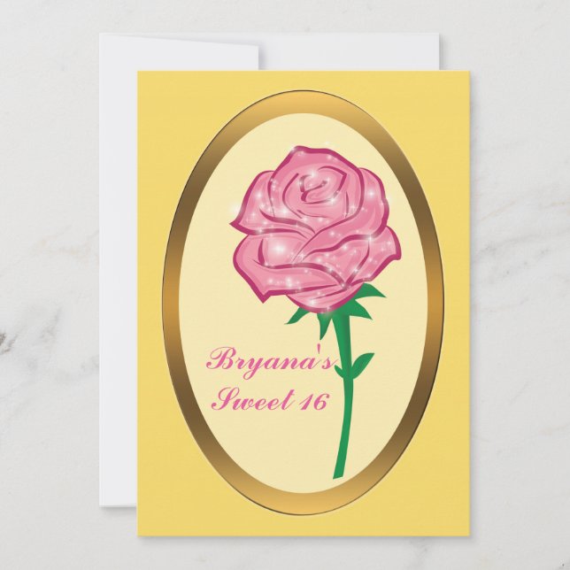 Convite Festa Elegante de Rosa Encantada com Brilho Rosa (Frente)