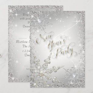 Convite Festa Elegante de Snowflakes Silver Sparkle no Par