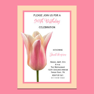 Convite Festa Elegante de Tulipas Florais de 90 Anos de Id