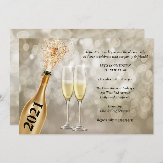 Convite Festa Elegante de Véspera de ano novo das Luzes Bo (Frente/Verso)