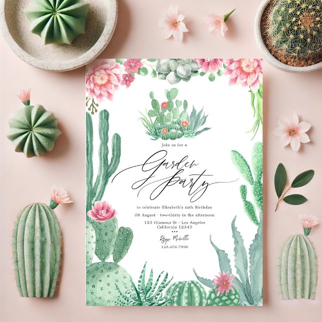 Convite Festa Elegante do Cactus e do Jardim de Sangue Ros (Elegant Cactus and Pink Blooms Garden Party Invitation)
