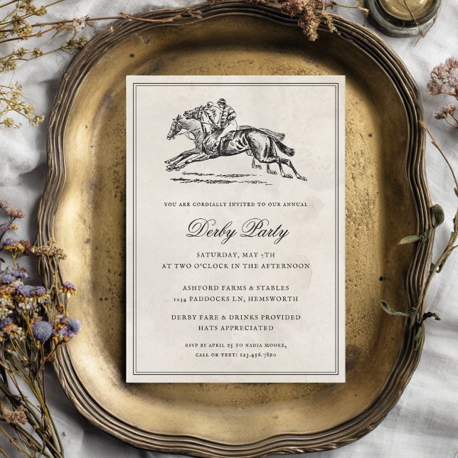 Convite Festa Elegante do Derby de Cavalos de Corrida Anti (Horse race themed derby party invitation with a vintage horses illustration and calligraphy script)
