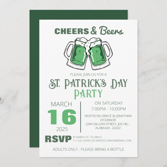 Convite Festa Elegante do Dia de São Patrício com Trevo Ve (Frente/Verso)