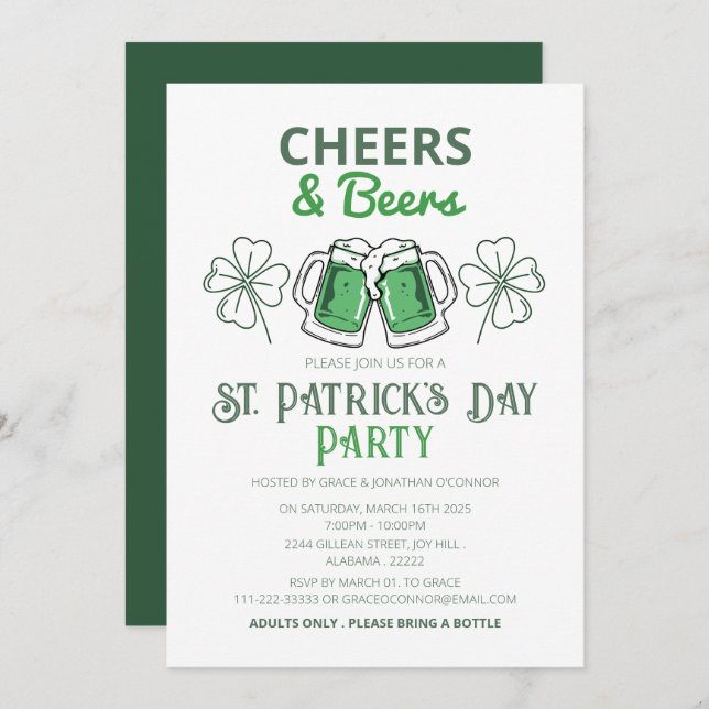 Convite Festa Elegante do Dia de São Patrício com Trevo Ve (Frente/Verso)