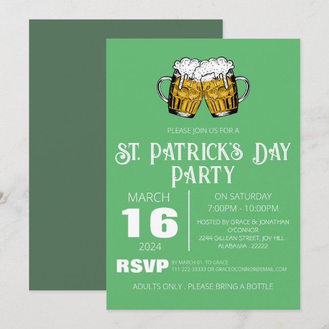 Convite Festa Elegante do Dia de São Patrício com Trevo Ve (Frente/Verso)