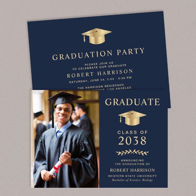 Convite Festa Elegante do Formandos Azul Dourado (An elegant college graduation party invitation to celebrate the graduate's achievements)