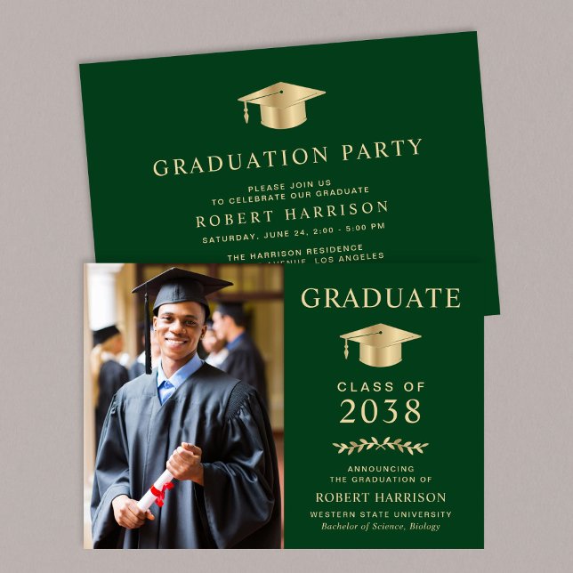 Convite Festa Elegante do Formandos Verde Dourado (An elegant college graduation party invitation to celebrate the graduate's achievements)