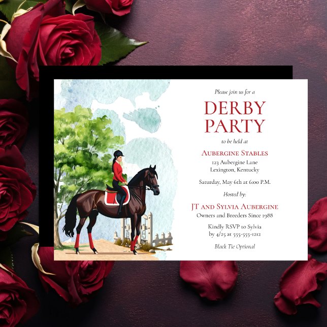 Convite Festa Elegante do Jockey e do Cavalo de Corrida De (Elegant Girl Jockey in Red and Black and Race Horse Derby Party Invitation)