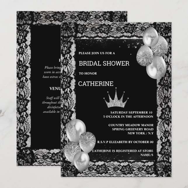 Convite Festa elegante dos balões de renda preta de Silver (Frente/Verso)