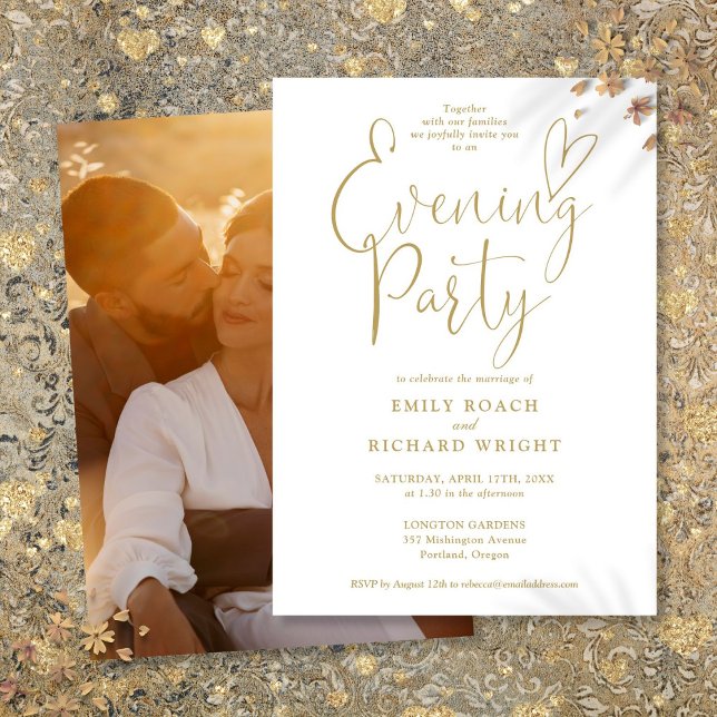 Convite Festa Elegante Dourada de Casamento de Fotos da No (Elegant Gold Script Photo Wedding Evening Party Invitation)