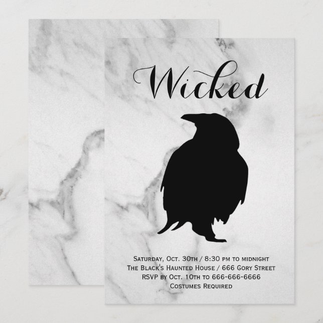Convite Festa Elegante Marble Raven Halloween (Frente/Verso)