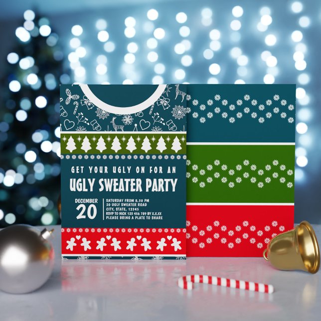 Convite Festa Elegante, Vermelha Azul e Suéter Verde, Xmas (Elegant Blue Red and Green Ugly Sweater Xmas Party Invitation)