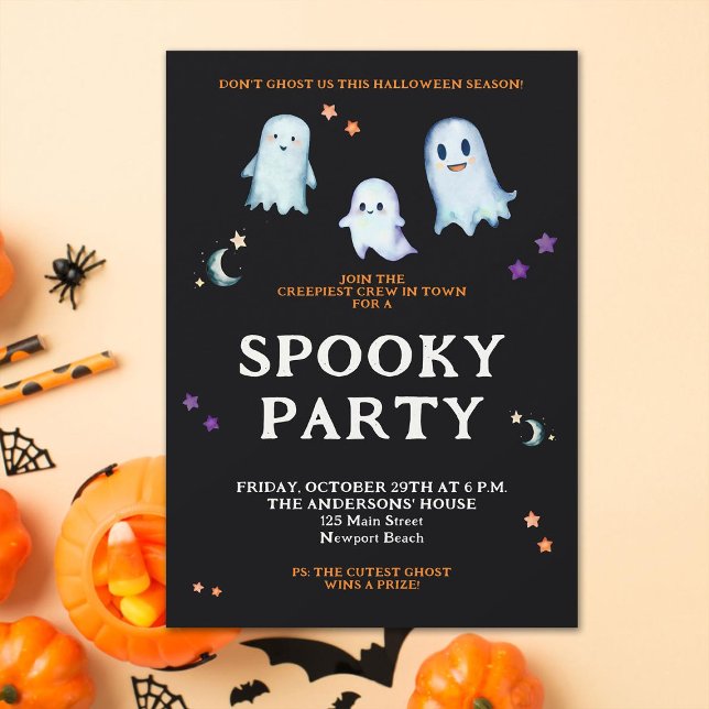 Convite Festa em casa da família das estrelas da lua do Ha (Halloween family home party invitation cute ghosts black orange purple spooky funny fun simple clean)