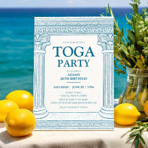 Convite Festa em Toga Grega em azul com colunas elegantes