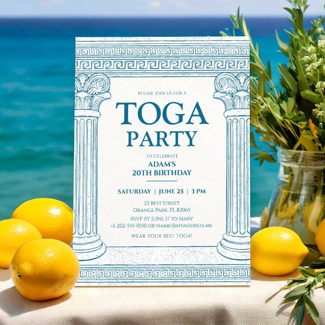 Convite Festa em Toga Grega em azul com colunas elegantes (Criador carregado)