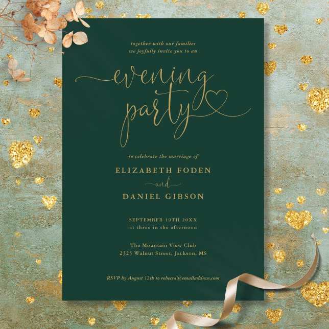 Convite Festa Emerald E Dourada De Casamento Da Noite (Emerald And Gold Script Wedding Evening Party Invitation)