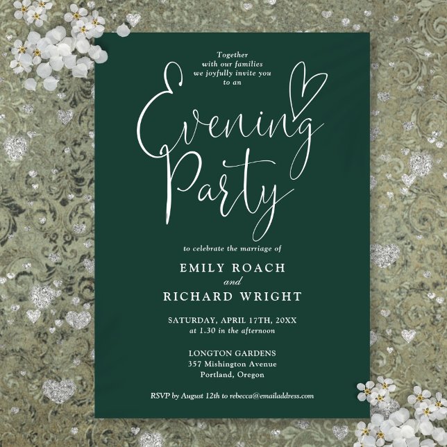 Convite Festa Emerald Green Script Wedding Noite (Emerald Green Script Wedding Evening Party Invitation)