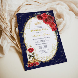Convite Festa Enchanted Red Roses Navy Gold Quinceañera