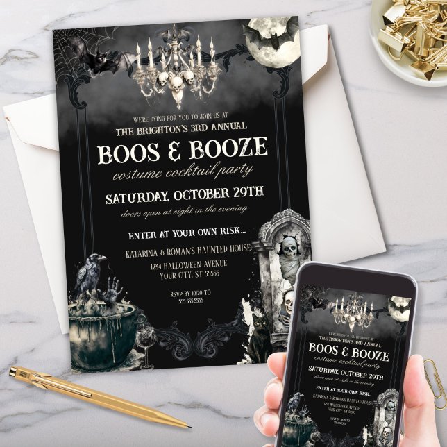 Convite Festa Engraçada da Mamãe Bats Halloween Boos e Boo (Halloween boos and booze party invitation with mummy skeleton bats and raven)