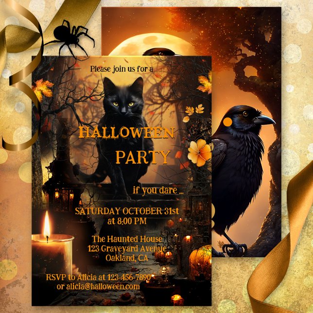 Convite Festa Engraçado do Gato e Raven Halloween (Halloween party invitation featuring a cute black cat in a  graveyard scene with a festive candle)