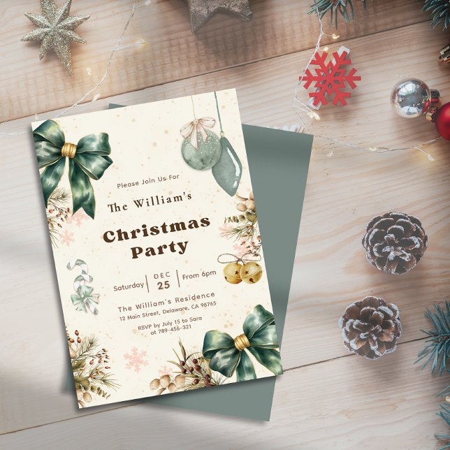Convite Festa Esmeralda Verde Coquette Festa de Natal (Festive Emerald Green Coquette Christmas Party Invitation)