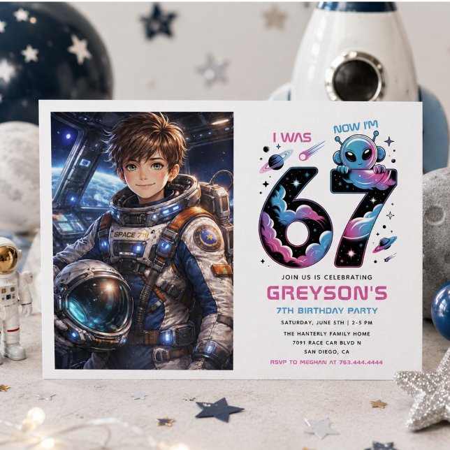 Convite Festa Espacial de 7 Anos foto fofa | Seis e Sete  (Cute Space 7th Birthday photo | Six & Seven Invitation)