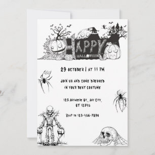 Convite Festa Feliz de Halloween em Preto e Branco Assusta