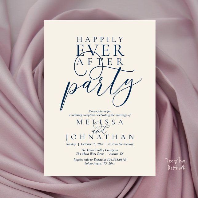 Convite Festa Feliz para Sempre, Casamento Clássico Modern (Happily Ever After Party, Modern Classy Wedding Invitation Card in Ivory and Navy Blue)