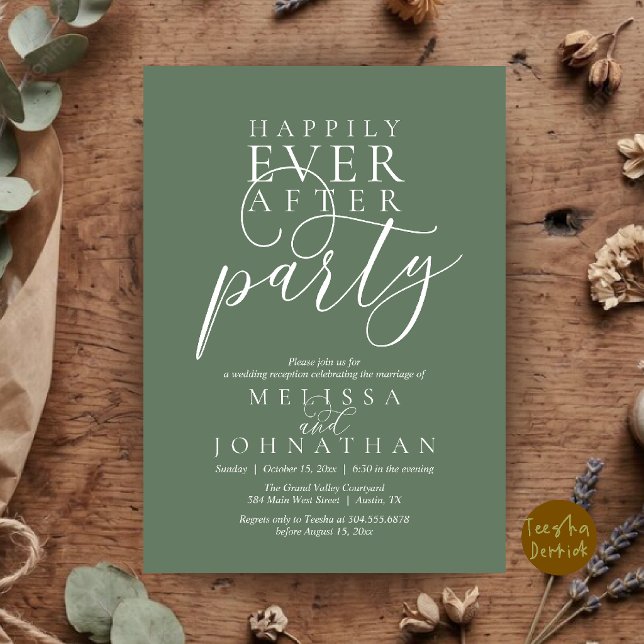 Convite Festa Feliz para Sempre, Casamento Clássico Modern (Happily Ever After Party, Modern Classy Wedding Invitation Card in Sage Green)