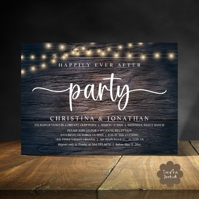 Convite Festa Feliz para Sempre, Casamento Rústico (Happily Ever After party, Rustic Wedding reception Invitation Card string lights dark wood)