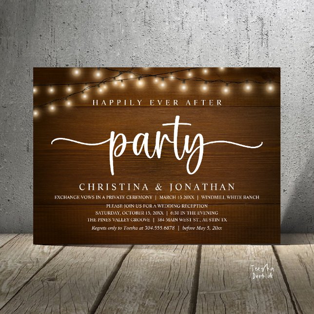 Convite Festa Feliz para Sempre, Casamento Rústico (Happily Ever After party, Rustic Wedding reception Invitation Card string lights brown wood)