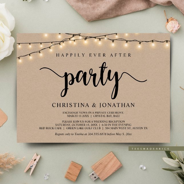 Convite Festa Feliz para Sempre, Elopamento com Luzes de C (Happily Ever After Elopement Party, Cottage String Lights Brown Kraft, Post Wedding Invites Cards.)