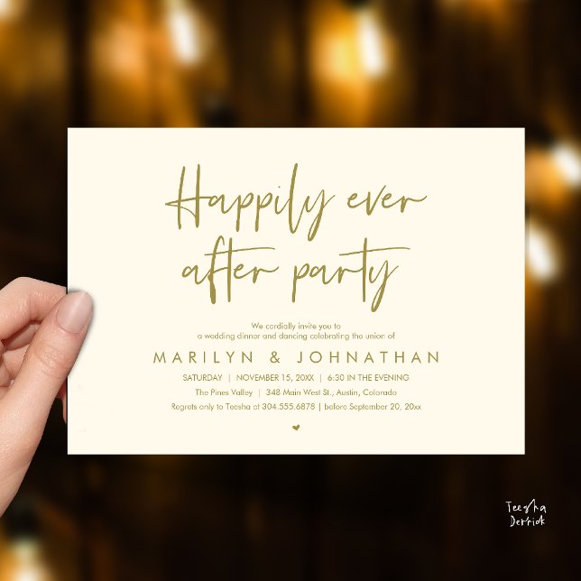 Convite Festa Feliz para Sempre, Jantar de Casamento com D (Happily Ever After Party, Wedding Dinner Dancing Invitation Card in Yellow Gold)