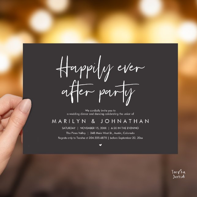 Convite Festa Feliz para Sempre, Jantar de Casamento com D (Happily Ever After Party, Wedding Dinner Dancing Invitation Card in Charcoal Grey)